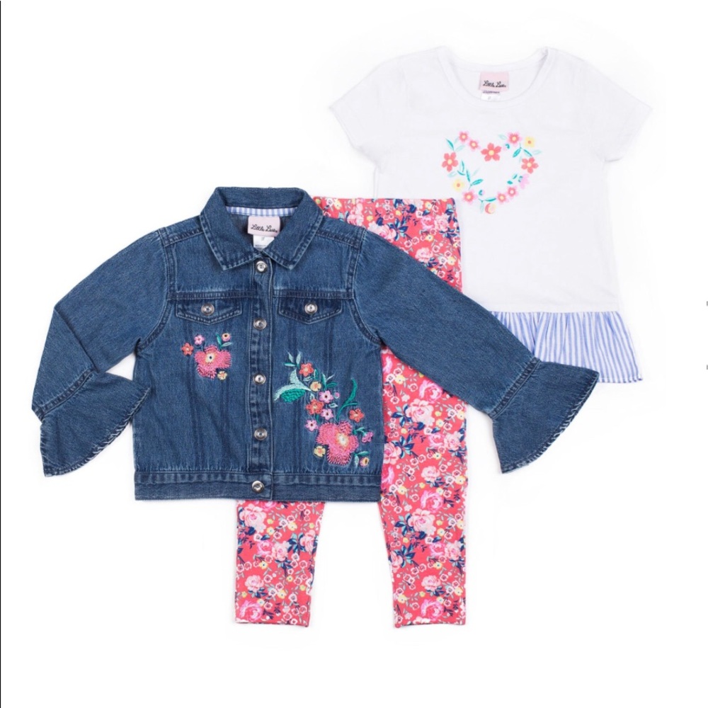 Little Lass Floral Heart Denim Jacket, Top & Pants - Picture 2 of 3